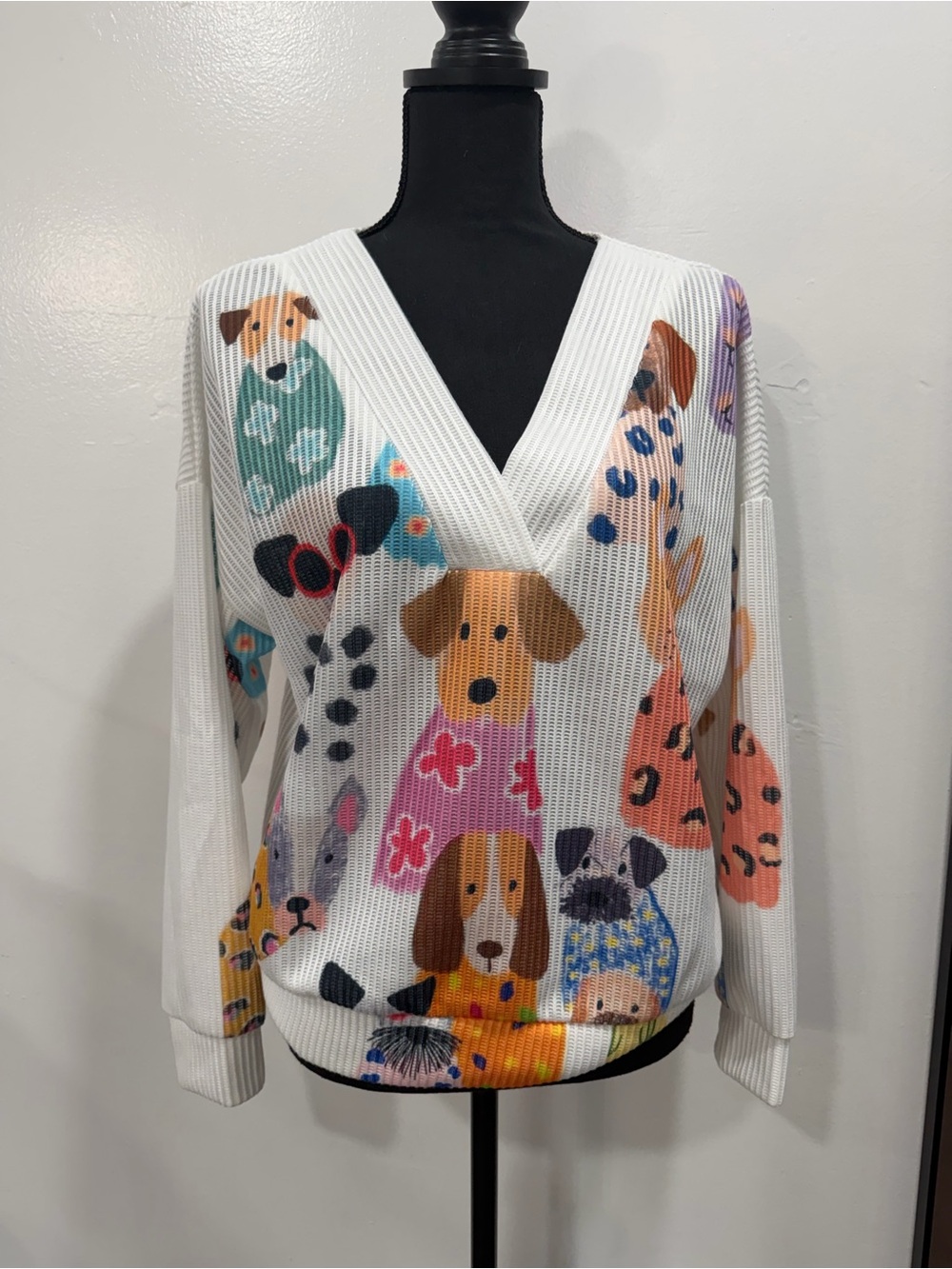 White V-Neck Sweater with Colorful Dog Motif